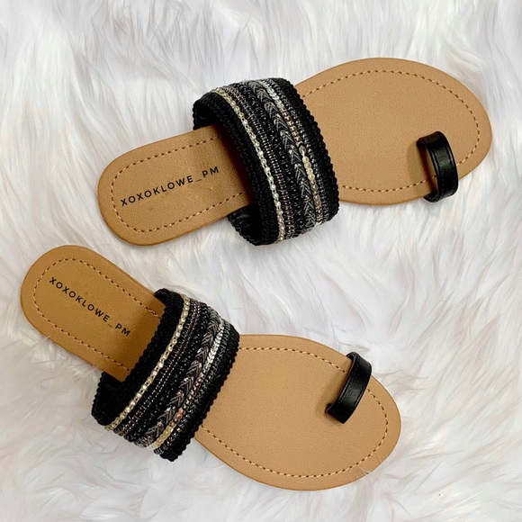 Black + Silver Boho Embellished Toe Ring Slide Sandal Size 5.5 & 6 - Picture 7 of 10